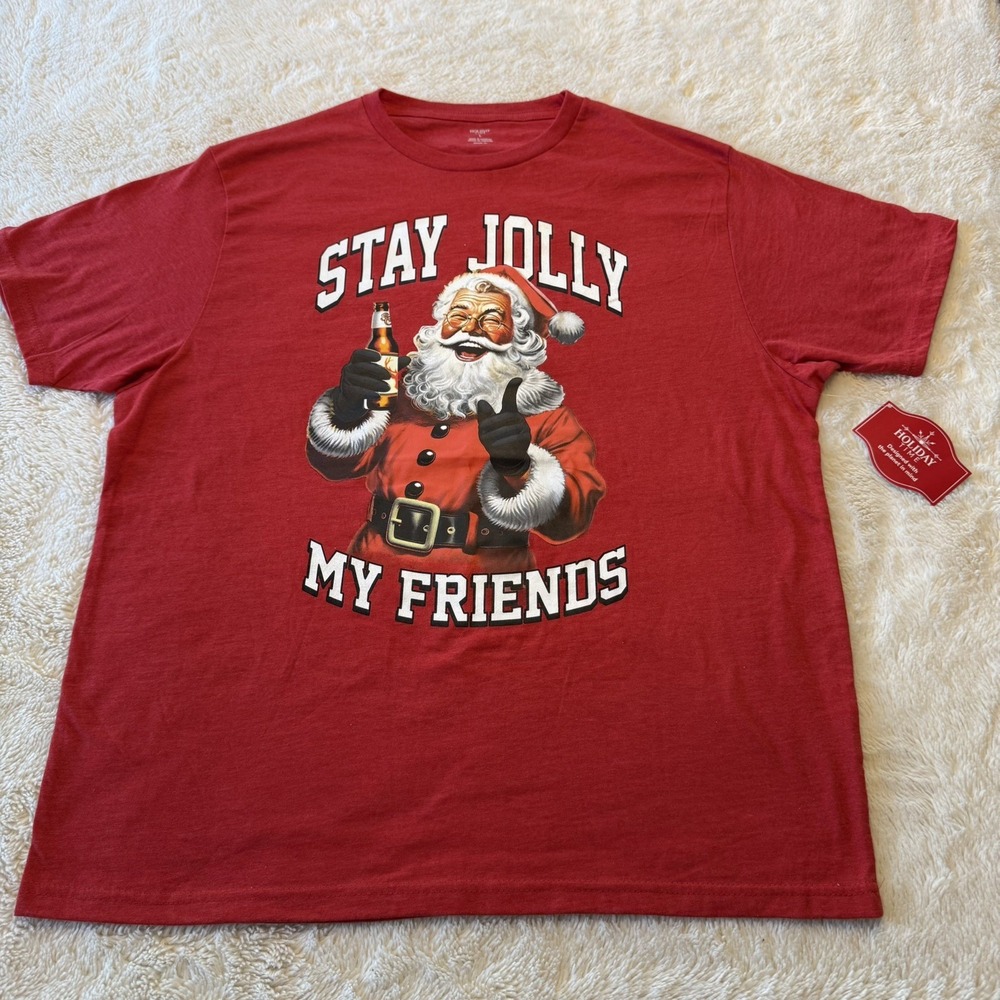 Holiday Time Sz L Red Graphic T-Shirt Santa Christmas Beer Jolly Holidays